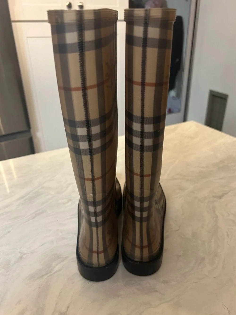 Burberry Beige Plaid Rubber Rain Boots